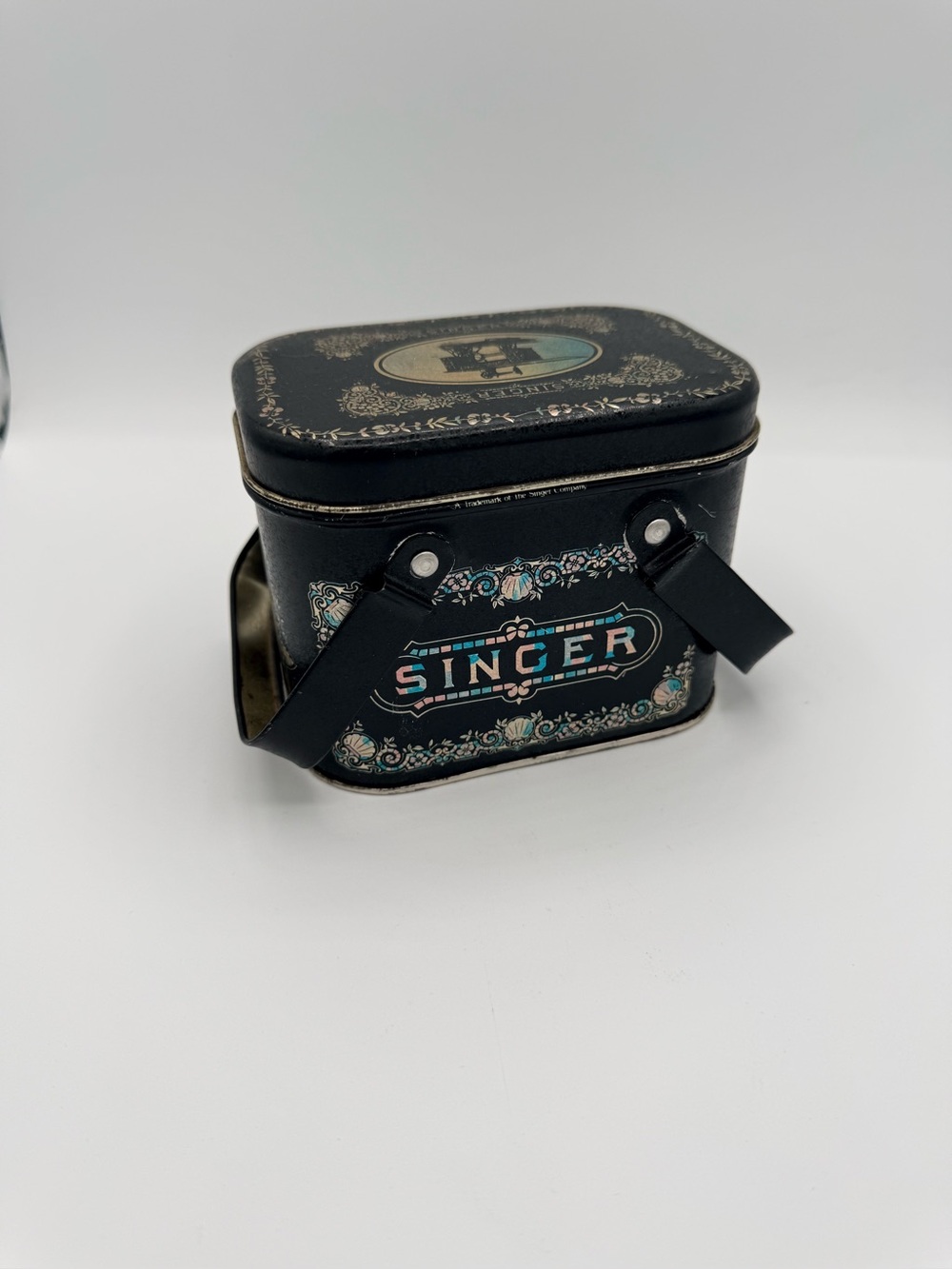 Singer Decorative Vintage Tin Box in Black with Turquoise Accents